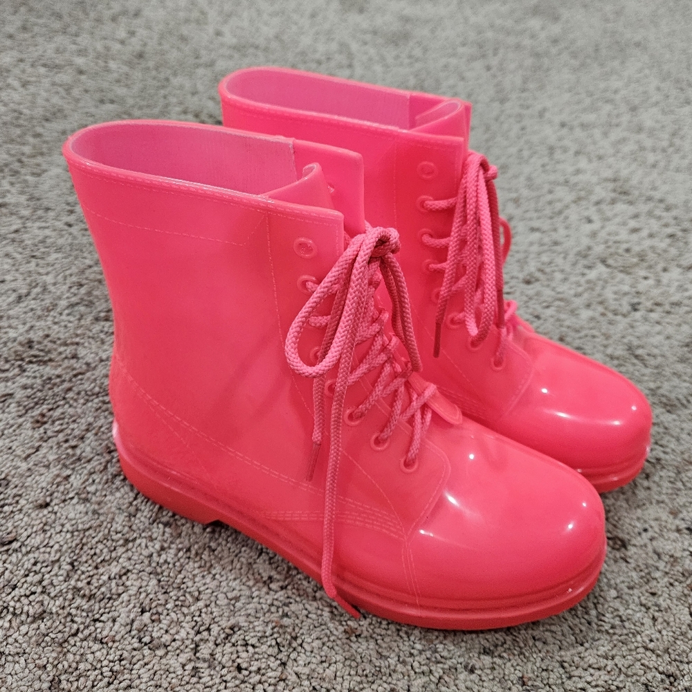 Qupid All pink everything neon pink jelly combat rainboots bright lights…